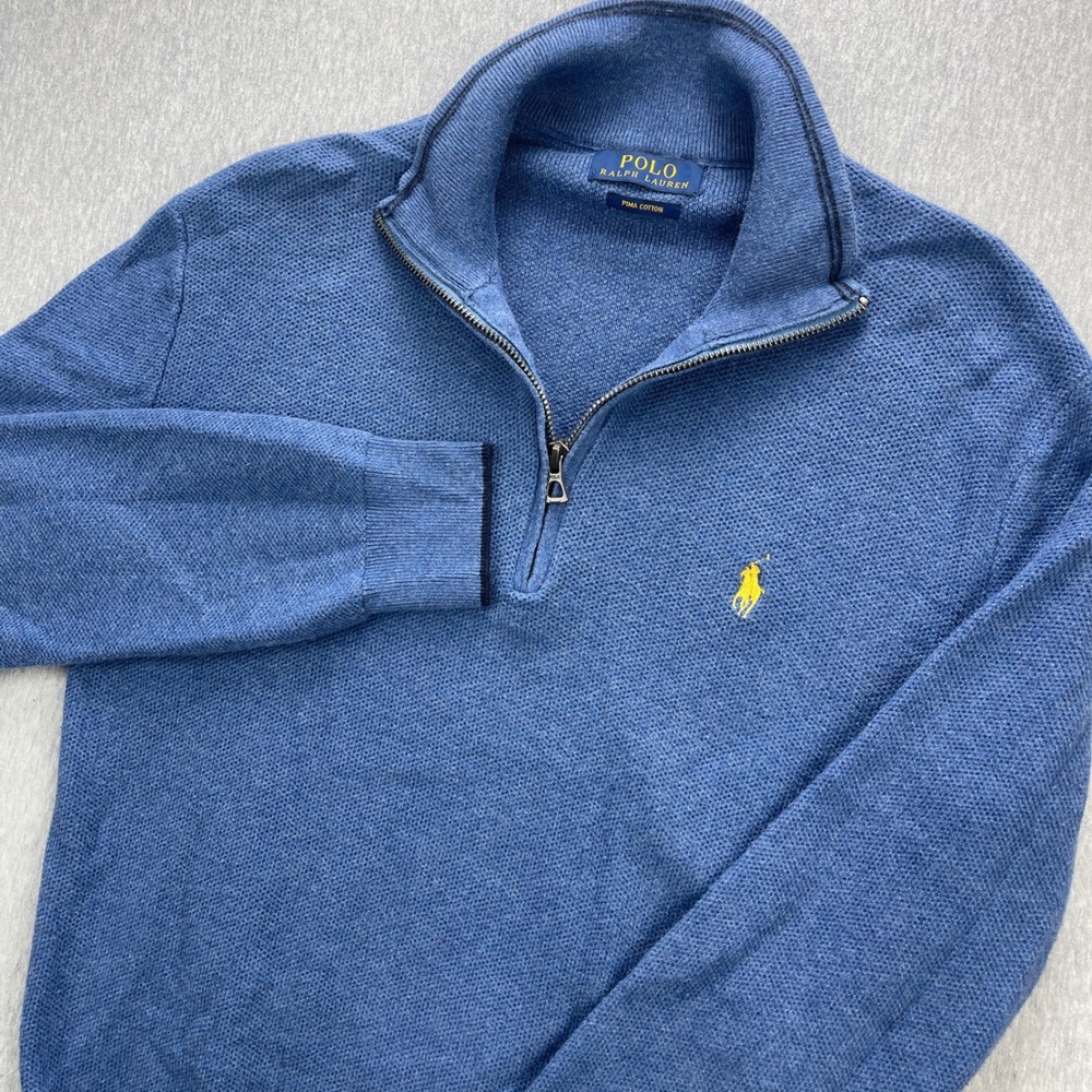 Polo Ralph Lauren Sweater Mens S Quarter Zip Blue Pima Cotton Pony Pullover EUC